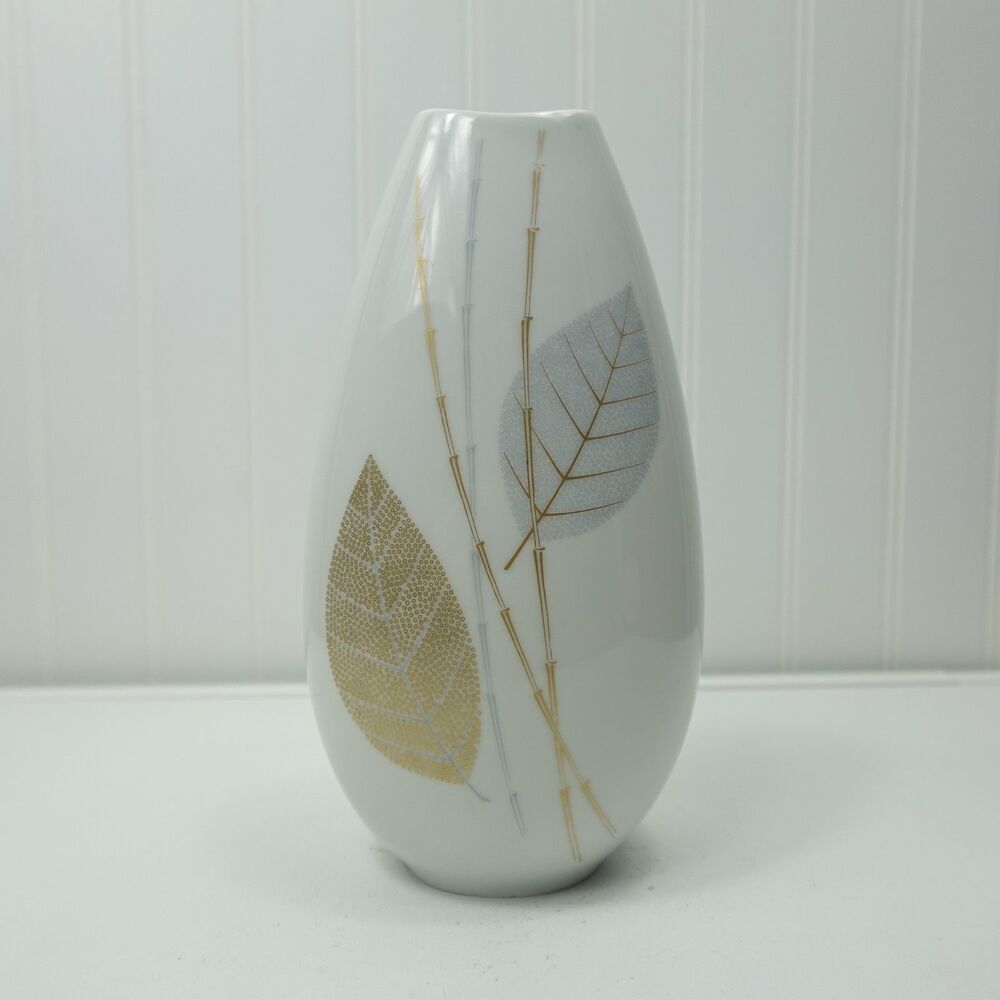 Vintage Thomas Germany White Porcelain Vase Gold Silver Leaf Mid-Century Modern